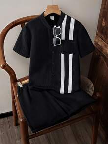 SHEIN Mirajuku 2pcs/Set Tween BoysWhite Shirt With Contrast Floral Pattern, Loose White Pants With Contrast Pattern, And Ribbon Decor - Black - View 3