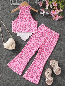 Young Girl Light Pink Knitted Halter Top & Flared Pants Set,Kids Leopard Print Stretchy Fabric Outfit,Summer Musical Festival Fashionable Comfy Set - Pink - View 2