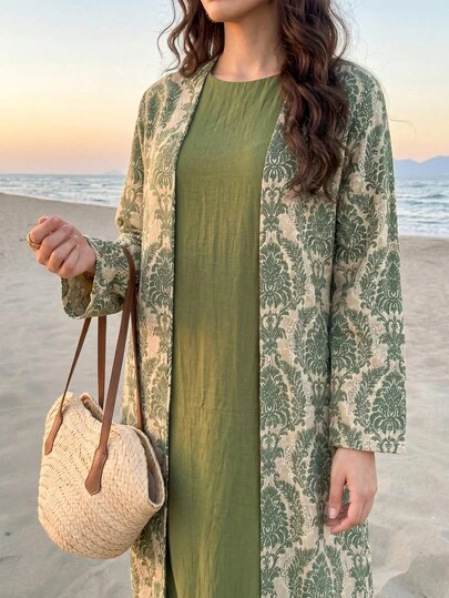 Solavon Conservative Casual All-Over Print Abaya Dress And Solid Color Extra Long Dress Women's Arabic Set Modest Dresses For Women ,Women Green Dress