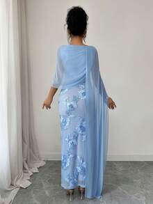 SHEIN Raffinéa Elegant And Sophisticated Light Blue Evening Gown With 3D Floral Mesh Shawl Sleeves, Fitted Long Dress, Perfect For Banquets And Weddings. - Blue - View 2