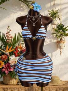 Zestiva Bộ bikini 3 mảnh dành cho nữ, họa tiết sọc retro, kiểu dáng tam giác buộc dây, đồ bơi đi biển tối giản, thanh lịch và gợi cảm cho mùa hè, kỳ nghỉ và tiệc tùng. - Nhiều màu - Xem 4