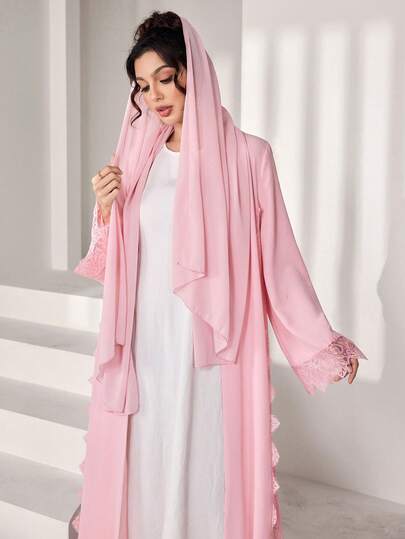 Al Najma Elegante abaya con velo rosa decorado para mujeres, adecuado para uso diario