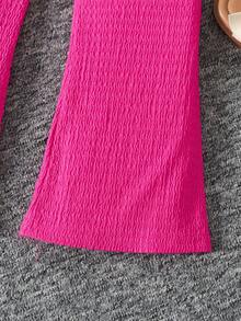 Young Girl Casual Fuchsia Knit Texture Halter Neck Top And Leggings Set - Hot Pink - View 4