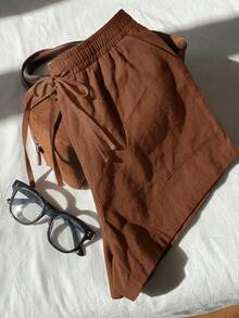 SHEIN EZwear Coffee Brown Woven Sporty Shorts For Women - Coffee Brown - View 3