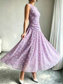 Modelyn Đầm không tay kiểu Pháp in hoa hồng, đầm dài nữ cổ khoét sâu, thiết kế xếp ly ở eo, đầm màu tím nhạt họa tiết hoa, phong cách nghỉ hè, trang phục thanh lịch mặc hàng ngày. - Nhiều màu - Xem 3