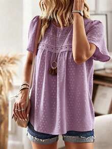 SHEIN Women's Contrast Lace Round Neck Short Sleeve Blouse - Purple - View 4