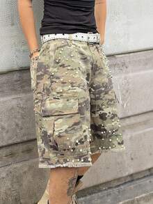 Manfinity EMRG Pantalones cortos vaqueros de verano casuales para hombres con camuflaje y tachuelas de perlas falsas - Multicolor - Ver 4