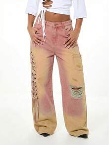 SUMWON WOMEN Denim Macrame Ripped Wide Leg Jeans With Distressed Details And Lace Up Side Detailing Boho Festival Style - Pink - View 1