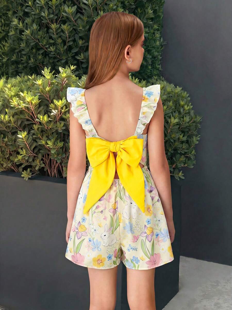 SHEIN Bộ áo liền quần dáng rộng kẻ sọc cổ vuông tay ngắn cho bé gái tuổi teen, thích hợp cho kỳ nghỉ. - Nhiều màu - Xem 1
