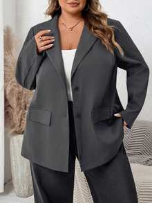 SHEIN CURVE+ Blazer de negocios casuales de unicolor talla grande - Gris Oscuro - Ver 4