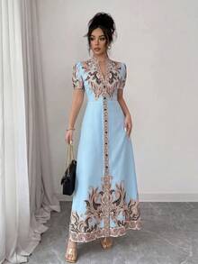 Vestido elegante de línea A con estampado digital de retazos, cuello en V profundo y cintura ceñida, color albaricoque, adecuado para cenas formales, citas y bodas de mujeres (estampado de colocación) - Verde Oscuro - Ver 10
