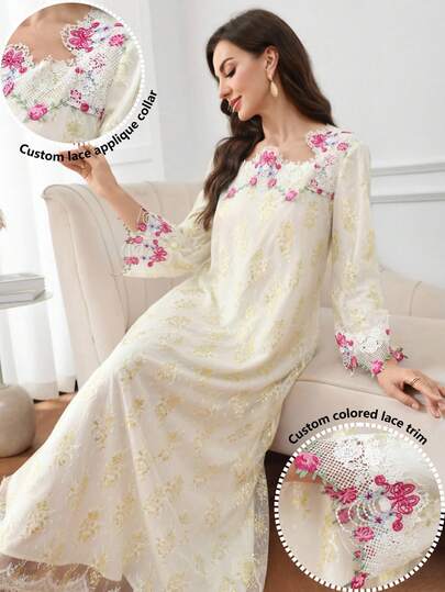 Al Najma Women's Floral Lace Patchwork Long Sleeve Elegant Arabic Style Dress