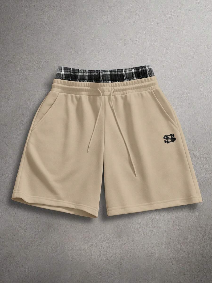 STYNVO Quần short nam kiểu dáng thường ngày, họa tiết kẻ caro ghép mảnh và thêu chữ, thích hợp cho mùa hè. - Màu Khaki - Xem 1