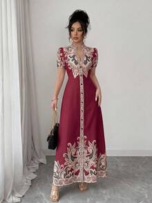 SHEIN Elenzya 杏色深V领收腰数码印花拼接优雅A字连衣裙，适合女士正式晚宴、约会、婚礼等场合（定位花卉图案） - 紅色 - 查看 4
