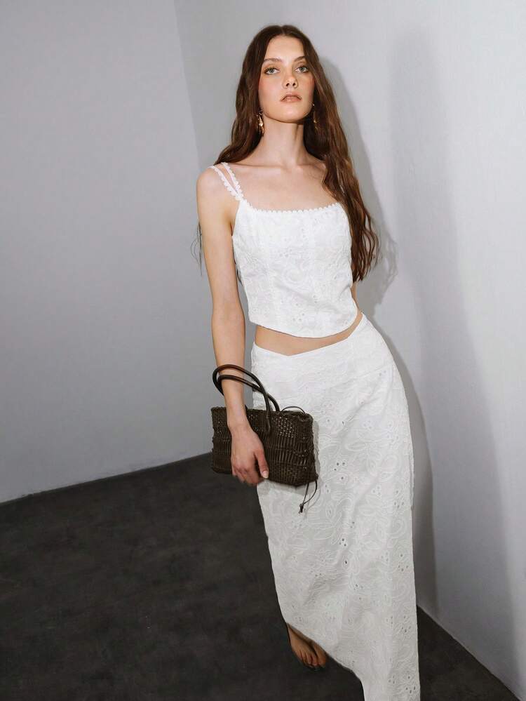 VACATION LOW WAIST WIDE WAISTBAND A-LINE EMBROIDERED COTTON SKIRT, SPRING/SUMMER