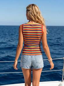 Sylviya Women's Casual Boho Red Striped Tank Top, Suitable For Summer Holiday Beach Vacation Holiday Summer Tops Summer Outfit For Women, Beach Outfit For Women Casual Blouses For Women Country Concert Outfit - Multicolor - View 2