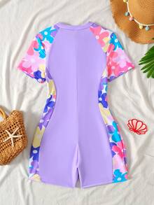 SHEIN 少女紫色碎花拼接连体泳衣，运动休闲风，适合夏季度假露营日常穿着，可与姐妹/家人搭配，也适合时尚摄影。 - 淡紫色 - 查看 2
