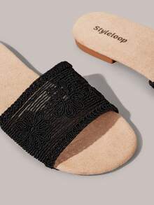 Styleloop Dép nữ màu đen, họa tiết hoa, kiểu dáng nghỉ dưỡng cổ điển, thoải mái, thích hợp đi biển. - Xám đen - Xem 5