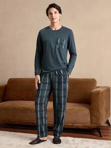 Men's Striped Patchwork Crew Neck Long Sleeve Top And Pocket Pants Casual Lounge Suit  Cozy And Elegant Details, Fall Winter Clothes - Olive Green - View 5