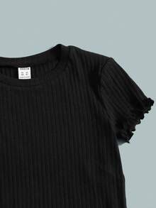 SHEIN Set de 3 camisetas de manga corta con volantes acanalados de color sólido para niñas preadolescentes, talla grande - Gris - Ver 4