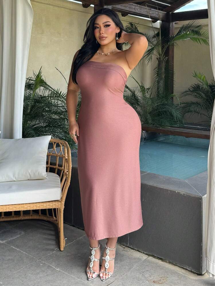 Dazy Plus Shiny Tight Bandeau Vacation Style Plus Size Pink Dress