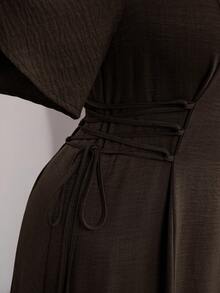 Modelyn Plus Size Women Solid Color Button Half Placket Short Sleeve Elegant Dress - Coffee Brown - View 6