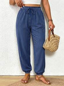 SHEIN Frenchy Plus Size Women Striped Drawstring Waist Harem Pants Fall - Multicolor - View 6