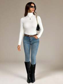 SHEIN Tall 2pcs/Set Solid Color Slim Fit Turtleneck White Tops, Suitable For Autumn And Winter, Tall Women Golf Basic - White - View 4