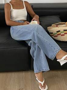 DAZY Jeans rectos casuales y sueltos con diseño de empalme jaspeado para mujer - Lavado ligero - Ver 6