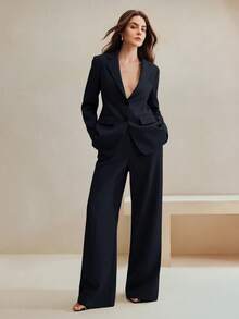 Anewsta Women's Solid Color Long Sleeve Jacket And Pants Formal Suit Set, Commuting Style - Navy Blue - View 1
