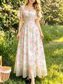 Vestido largo minimalista de mujer con diseño de cuello cuadrado y mangas cortas con estampado de paisaje de palmera de, vestido maxi elegante de cintura ceñida, adecuado para vacaciones de verano y uso diario - Multicolor 6 - Ver 3
