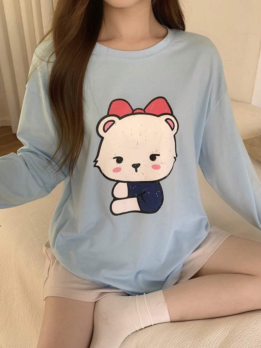 DAZY 可爱卡通熊印花宽松女式睡衣套装，春夏款 - 藍色 - 查看 1
