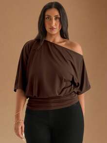 SHEIN BAE Kaos Asimetris Bahu Miring Kasual Hitam, Serbaguna untuk Pemakaian Sehari-hari, Kencan, Minum Teh Sore, Berkumpul dengan Teman, dan Semua Acara yang Sesuai - Mocha Brown - View 2