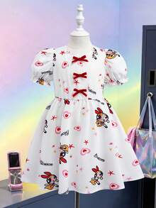 THE POWERPUFF GIRLS X SHEIN 1 chiếc đầm kiểu dáng thường ngày cho bé gái, cổ tròn, tay cánh hoa. - trắng - Xem 1