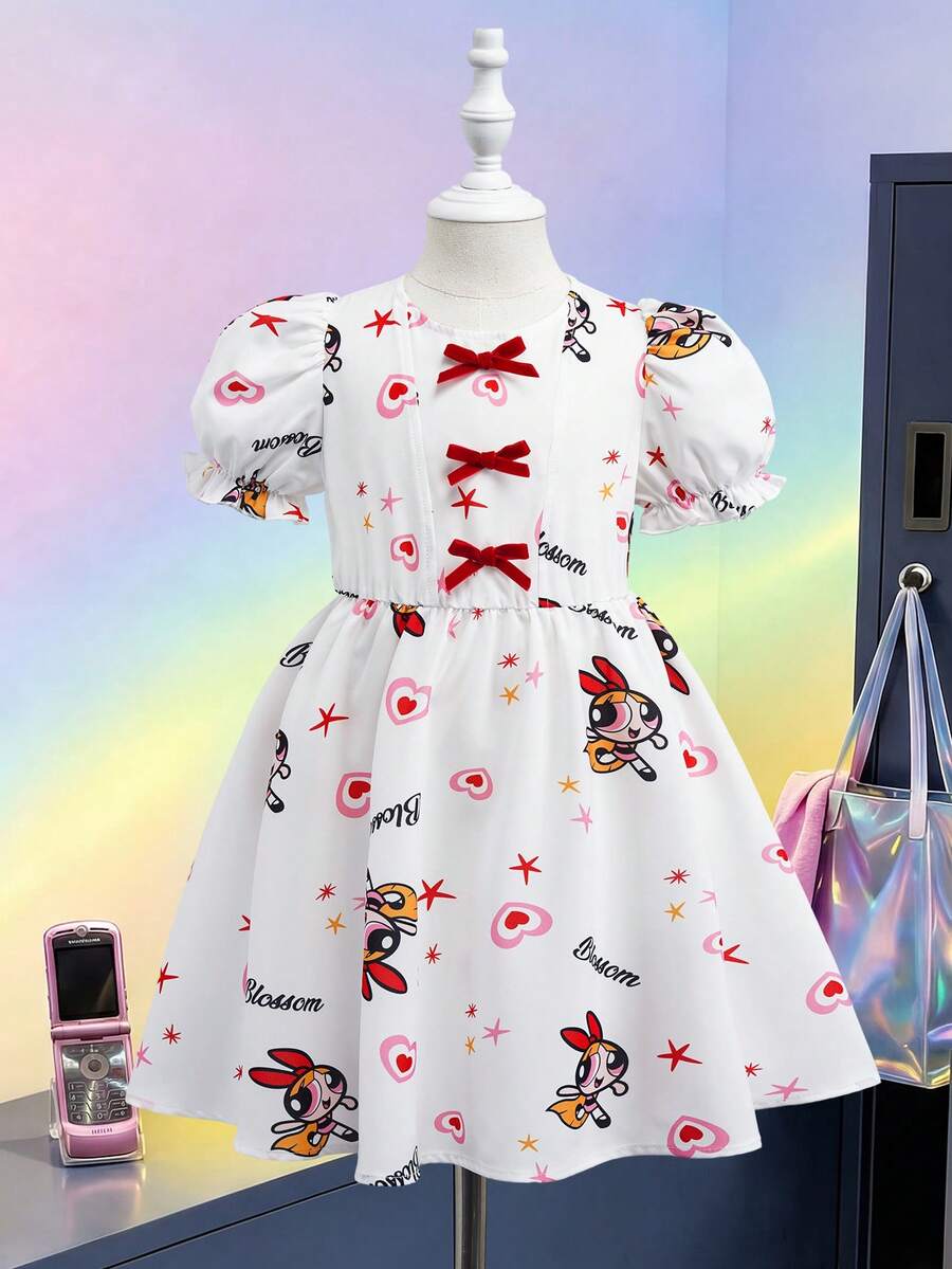 THE POWERPUFF GIRLS X SHEIN 1 chiếc đầm kiểu dáng thường ngày cho bé gái, cổ tròn, tay cánh hoa. - trắng - Xem 1