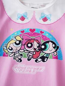 THE POWERPUFF GIRLS X SHEIN 1pc Young Girl Cute Style Round Neck Short Sleeve Loose Comfortable Collaboration Pajama Dress - Multicolor - View 4