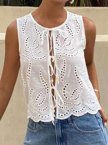 DAZY Áo khoác vest mùa hè thanh lịch dành cho nữ, không tay, thắt dây, chất liệu vải khoét lỗ, thêu họa tiết nổi bật. - trắng - Xem 7