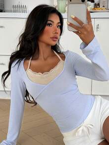 DAZY Women's Contrast Color Lace Patchwork 2 In 1 Long Sleeve Sleepwear Top Pajamas - Blue - View 5