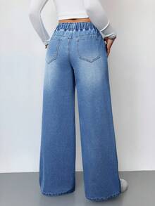 SHEIN Tall 女款休閒高腰寬腿牛仔長褲 藍色 夏季女裝彈性腰頭牛仔褲 高個女性適用 - 中等水洗藍 - 查看 2