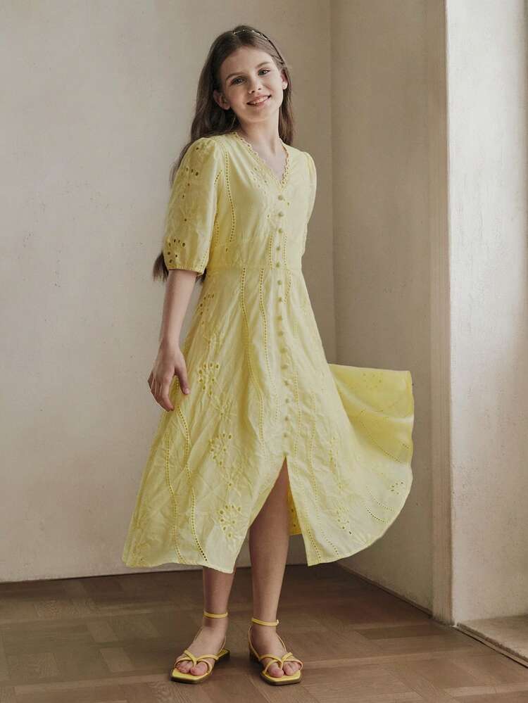 Girls' Elegant French Style Hollow V-Neck A-Line Dress With Front Button Decor, Delicate Hollow Floral Pattern, Yellow Short Sleeve, Suitable For School, Weekend Outings