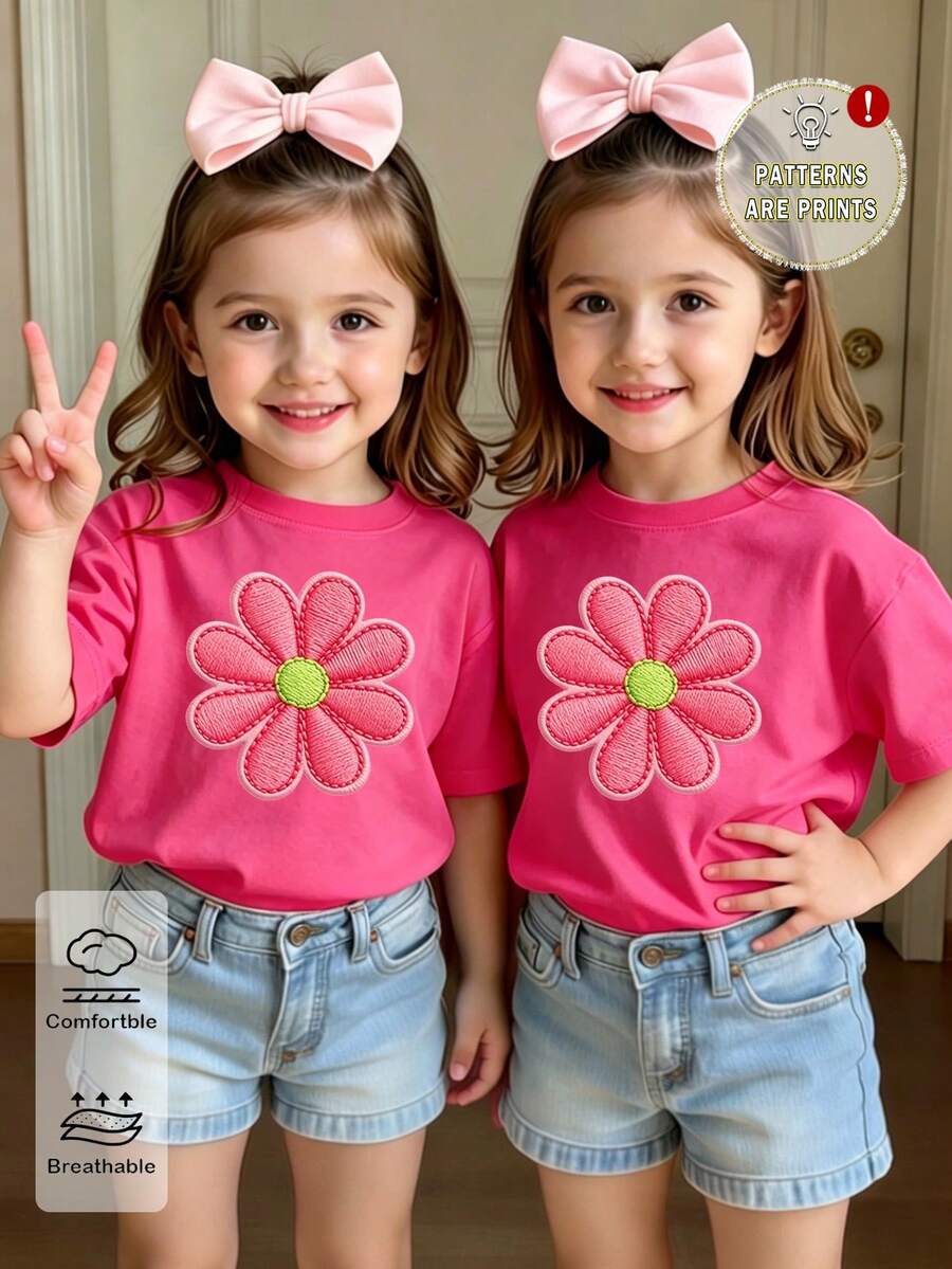 Girls' Casual Creative Floral Embroidered Graphic Tee, Comfortable Daily Wear, Suitable For Spring, Summer And Autumn - Hot Pink - View 1