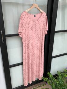 Dazy Plus Plus Size Women's Elegant Long Ditsy Floral Elastic Fitted Nightgown, Spring/Summer, Pink Pajamas - Pink - View 1