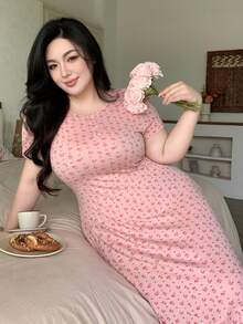 Dazy Plus Plus Size Women's Elegant Long Ditsy Floral Elastic Fitted Nightgown, Spring/Summer, Pink Pajamas - Pink - View 5