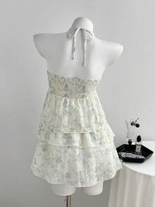 Elamini Women White And Blue Floral Summer Cottage Core Sexy Holiday Tea Party Golf Chiffon 2-Piece Set, Low-Cut Spaghetti Strap Backless Crop TopCake Skirt - Multicolor - View 2