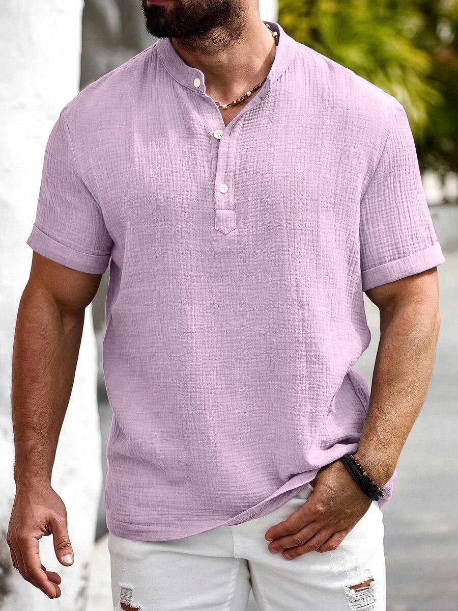 Manfinity Homme Áo sơ mi nam Manfinity Nomadique chất liệu cotton-linen, kiểu dáng thường ngày, cổ Hengli, thích hợp cho mùa hè. - Màu tím hoa cà - Xem 1