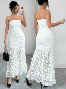 SHEIN Franclia Đầm dạ hội sang trọng, thanh lịch, phối ren hoa tương phản, eo thắt gọn, màu trơn, kiểu dáng gợi cảm dành cho phụ nữ. - trắng - Xem 5