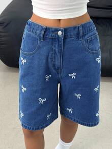 SHEIN Teen Girl Bow Embroidery Pocket Casual Denim Shorts - Dark Wash - View 5