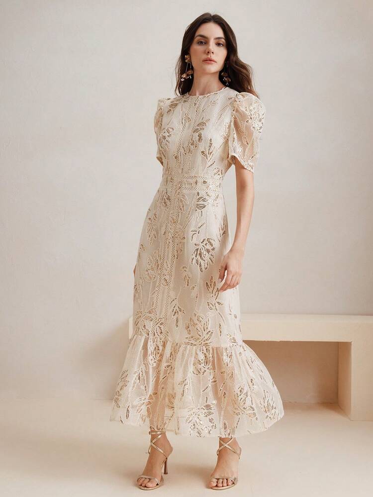 Women's Elegant White Summer Sequin Embroidery Dress, Lace Trim Round Neck Short Sleeve Gown For Dining,Vacation,Dates,Festivals & Parties