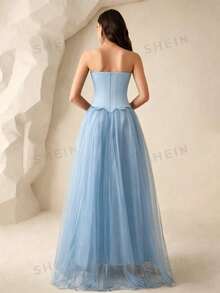 Coutiva Women's Rhinestone Embellished Mesh Patchwork Maxi Formal Gown (Heavily Embellished) - Baby Blue - View 2