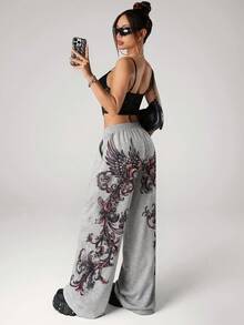 SHEIN ICON Y2K 女式外出哥特音乐会俱乐部印花花卉图案松紧腰带口袋阔腿宽松休闲裤 - 灰色 - 查看 5